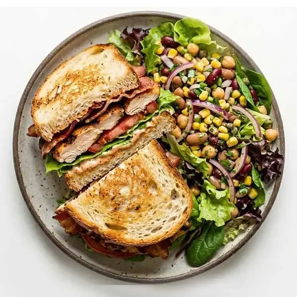 Smoky Chicken Blt Sandwich With Cocktail Sauce And House Bean Salad