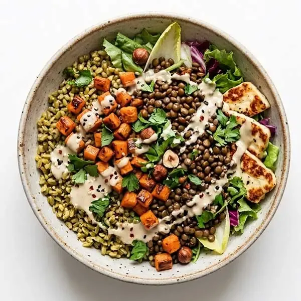 Smoky Lentil And Roasted Carrot Freekeh Bowl With Tahini Citrus Drizzle