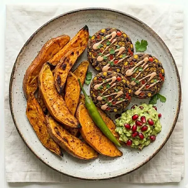 Southwest Black Bean Burger Patty With Sweet Potato Wedges