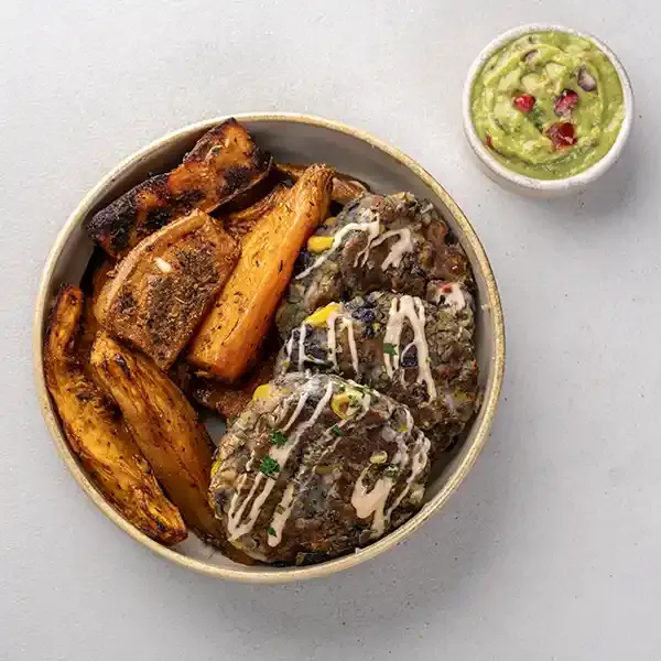 Southwest Black Bean Burger Patty With Sweet Potato Wedges