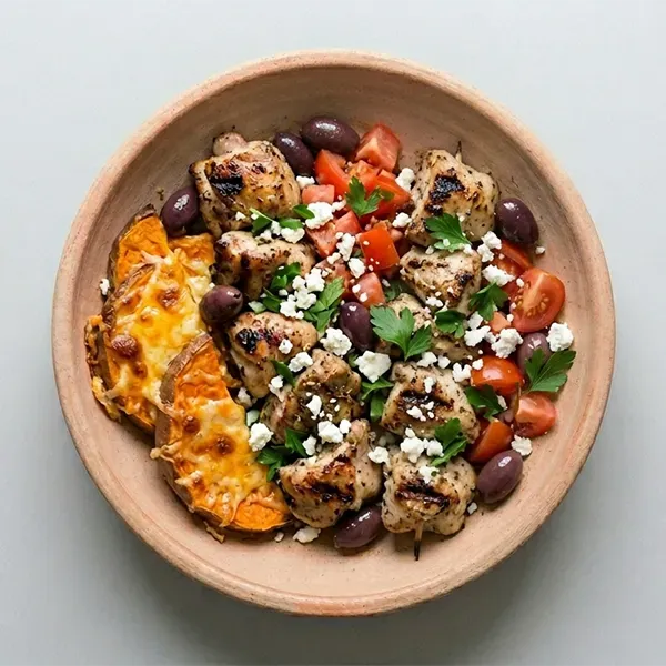 Souvlaki kontosouvli chicken with baked cheddar sweet potato