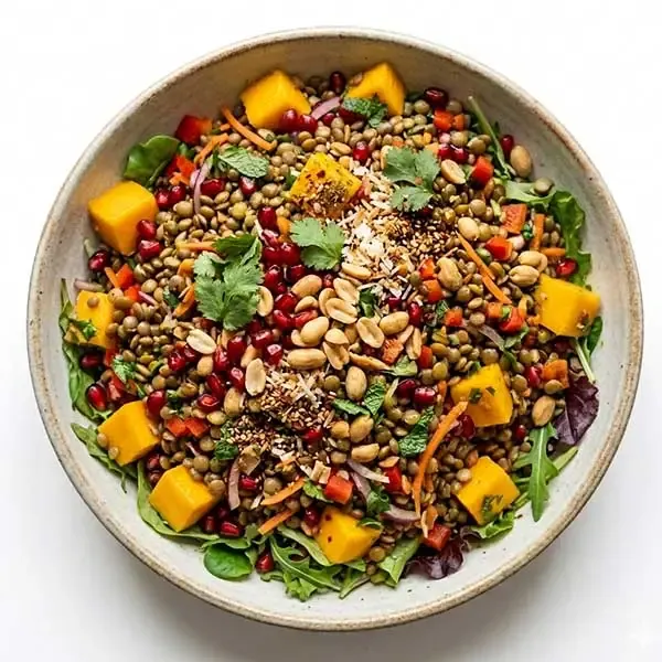 Spiced Tropical Lentil Salad With Mango, Pomegranate & Peanuts