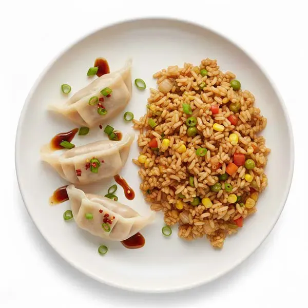 Spicy Korean Vegetable Dumpling With Mixed Veggie Fried Rice