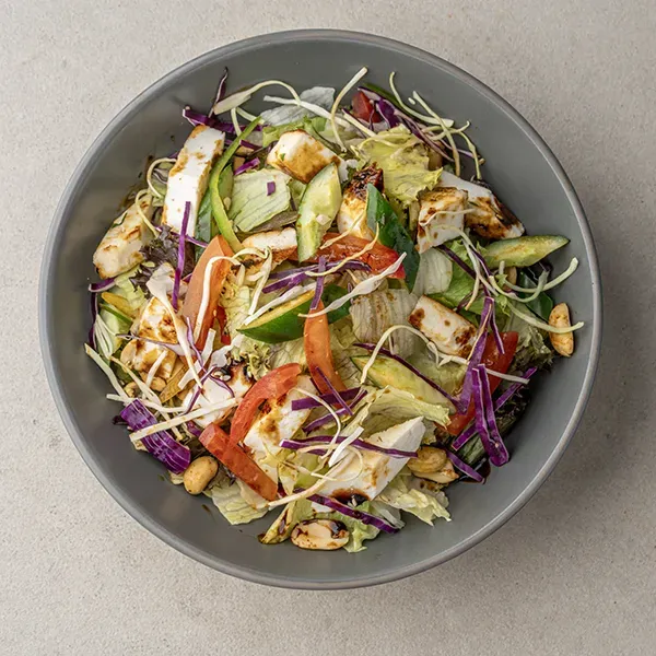 Spicy Peanut And Halloumi Salad With Mixed Greens