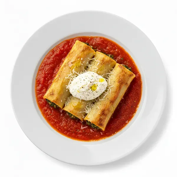 Spinach & Ricotta Cannelloni With Fresh Pressed Tomato Sauce
