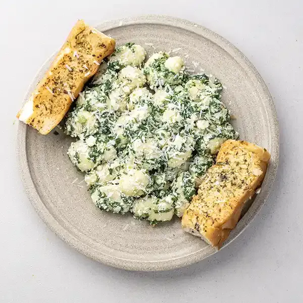 Spinach & Ricotta Malfatti (Gnocchi) With Garlic Focaccia Strips