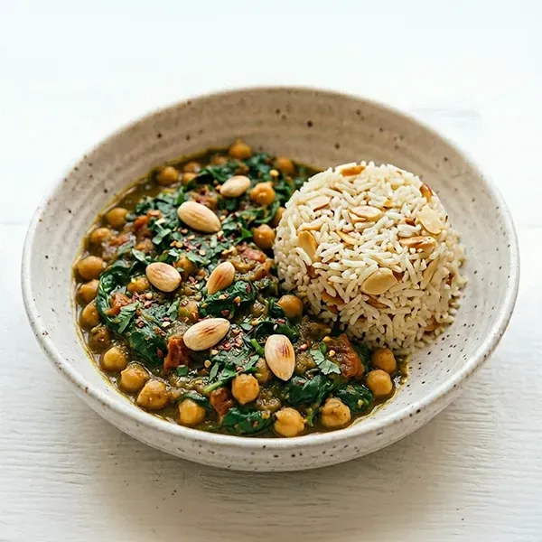 Spinach And Chickpea Curry With Almond Rice
