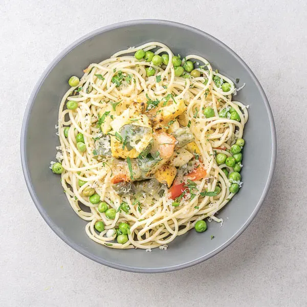 Spring Peas & Parmigiano Spaghetti With Baked Casserole Vegetable