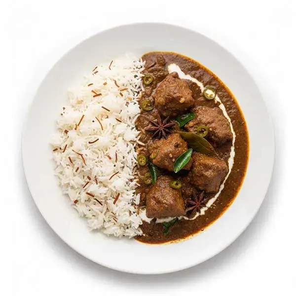 Star anise tempered mutton curry with coconut chilli rice