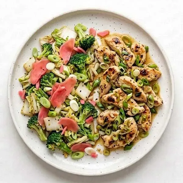 Stir Fry Scallion Chicken With Napa Cabbage and Pink Ginger Vegetable