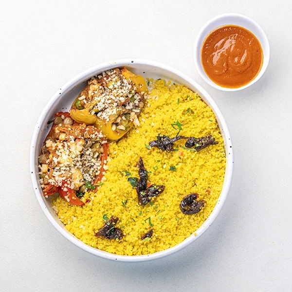 Stuffed Bell Pepper With Minted Tomato Sauce & Prune Couscous