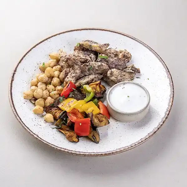 Sumac Chicken Shawarma Bowl With  Roasted Vegetable ,Chickpeas And Garlic Toum