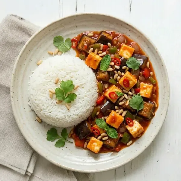 Sweet And Sour Eggplant And Cottage Cheese  With Steamed Rice