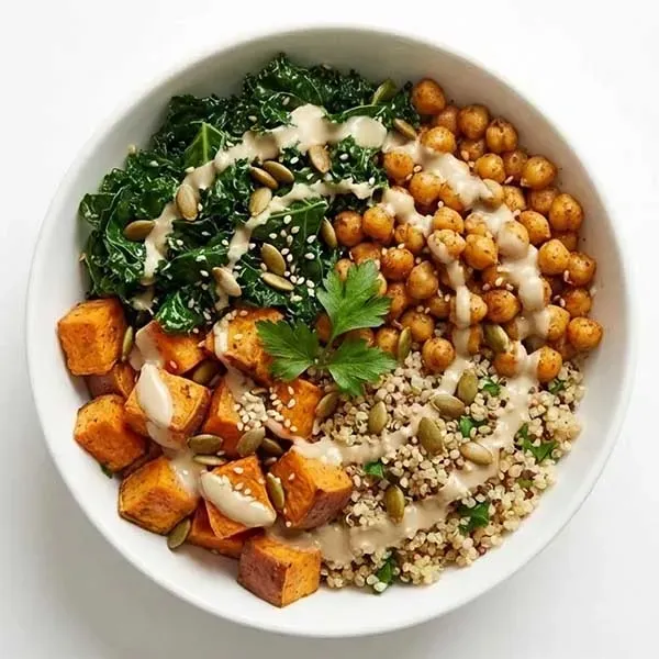 Sweet Potato, Kale & Chickpea Buddha Bowl with Tahini Dressing