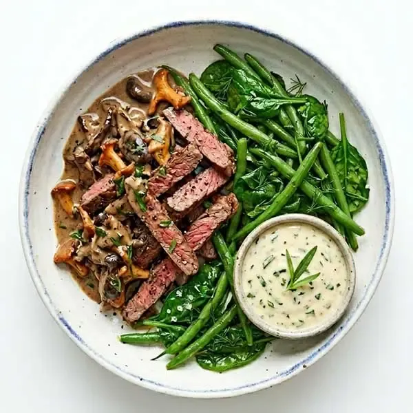 Tarragon Beef Julienne With Mushroom Sauce & Sautéed Greens
