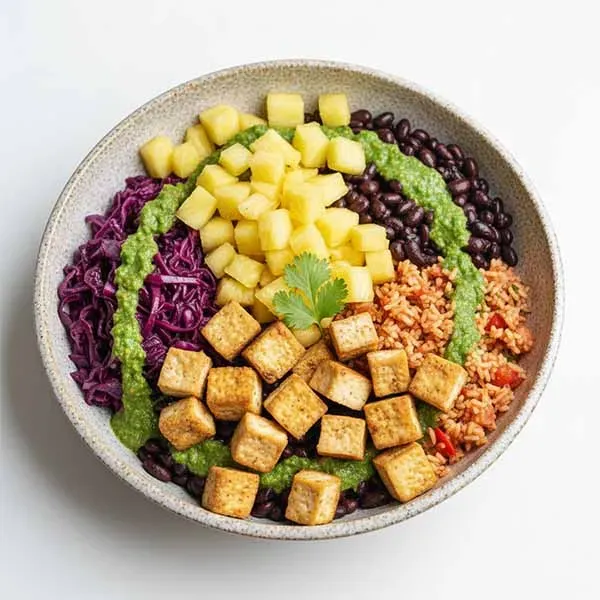 Tex-Mex Bowl - Braised Red Cabbage, Pineapple, Black Bean, Tomato Pilaf & Serrano Pepper Sauce(V)
