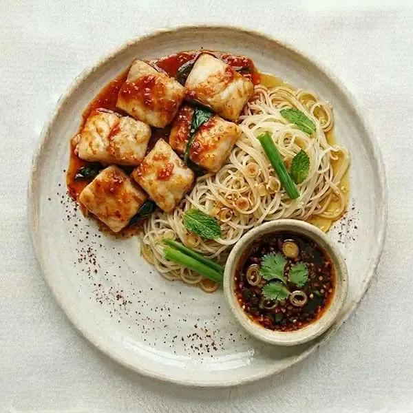 Thai Basil Chili Fish with Lemongrass Rice Noodles