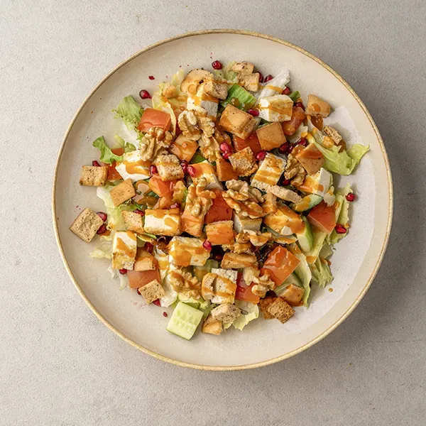 Tofu, Pomegranate, Walnut Salad With Pita Crisps With Red Pepper Dressing