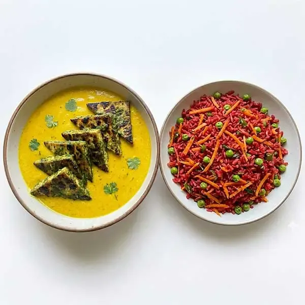 Tofu Pasanda with Vegetable masala rice and sauteed green beans