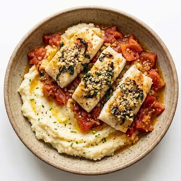 Tomato Basil Baked White Fish With Butter Potato Mash