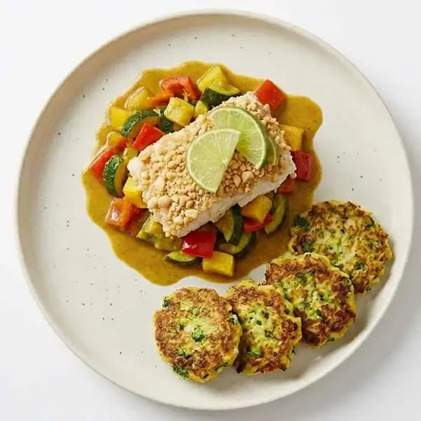 Tropical Macadamia Fish & Curry With Keto Vegetable & Cheese Patties