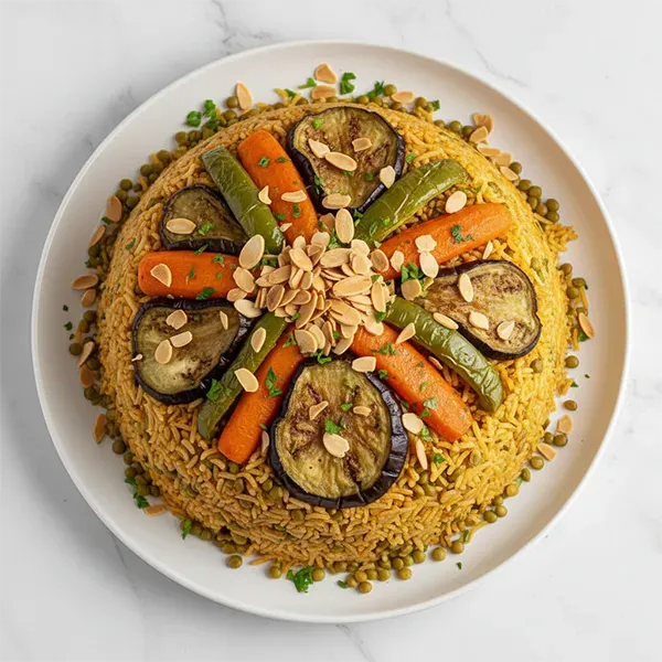 Vegetable Maqluba With Rice Green Lentil