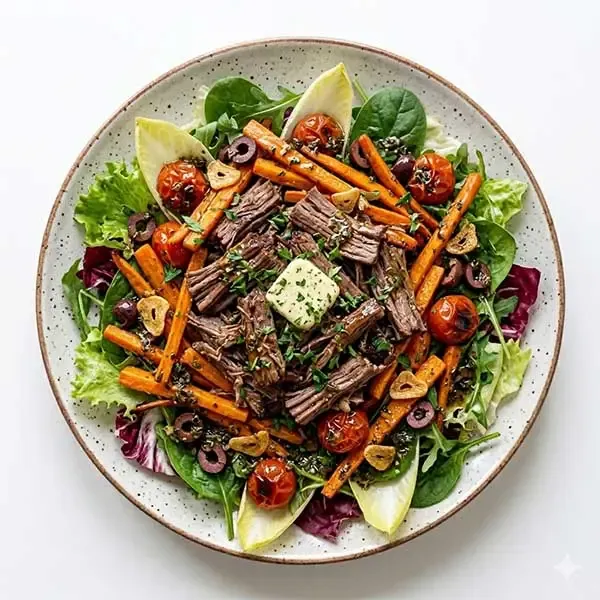 Warm Roast Beef, Carrot & Mixed Greens Salad With Herb Vinaigrette