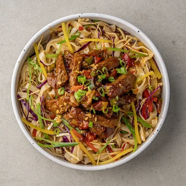 Wok-Seared Garlic Chilli Beef with Yang Chow Ribbon Noodles