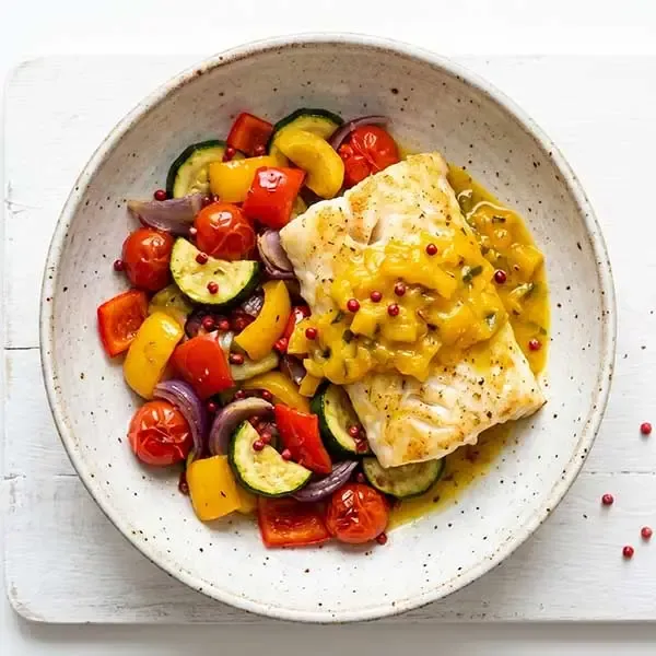 Yellow Pepper Tarragon Fish With Pink Pepper Vegetable