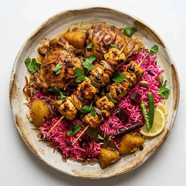 Yoghurt Chicken Shish Tawook With Beetroot-Infused Pink Rice