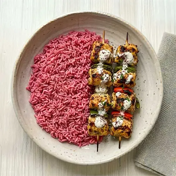 Yoghurt Chicken Shish Tawook With Beetroot-Infused Pink Rice
