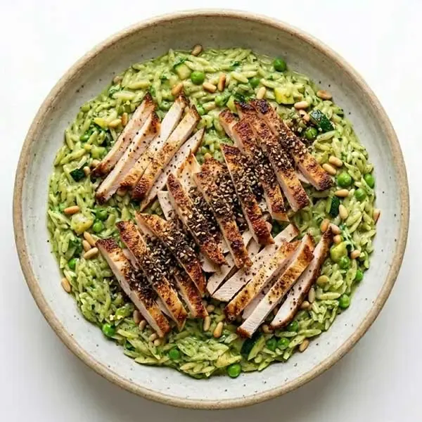 Za'atar Crusted Roasted Chicken with Green Tahini Orzo