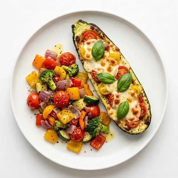 Zucchini Boat Margherita with Fresh Basil , Mozzarella and Vegetable Melange
